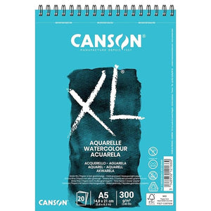 CANSON XL Watercolour 300gsm A5 Paper, Spiral Pad Short Side, 30 White Sheets - 07021554
