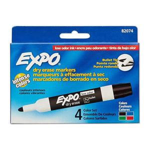 EXPO Low-Odor Dry Erase Markers, Bullet Tip, 4 Assorted Colors Markers - 17250334