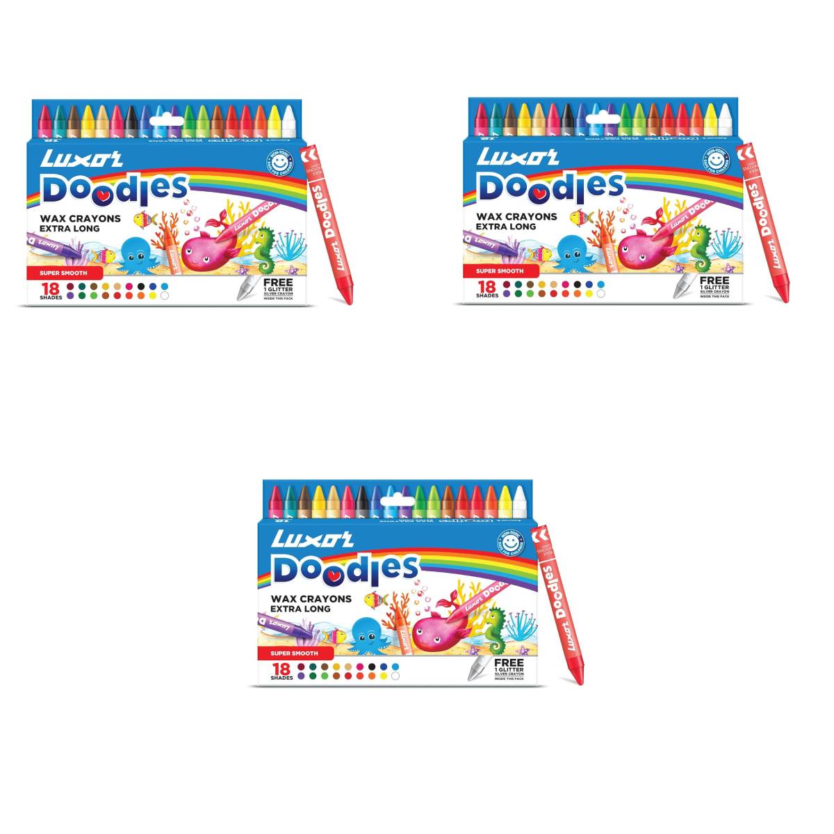 Luxor - Wax Crayons - Extra Long | 18 Assorted Shades| - Set of 3packet - 01500144