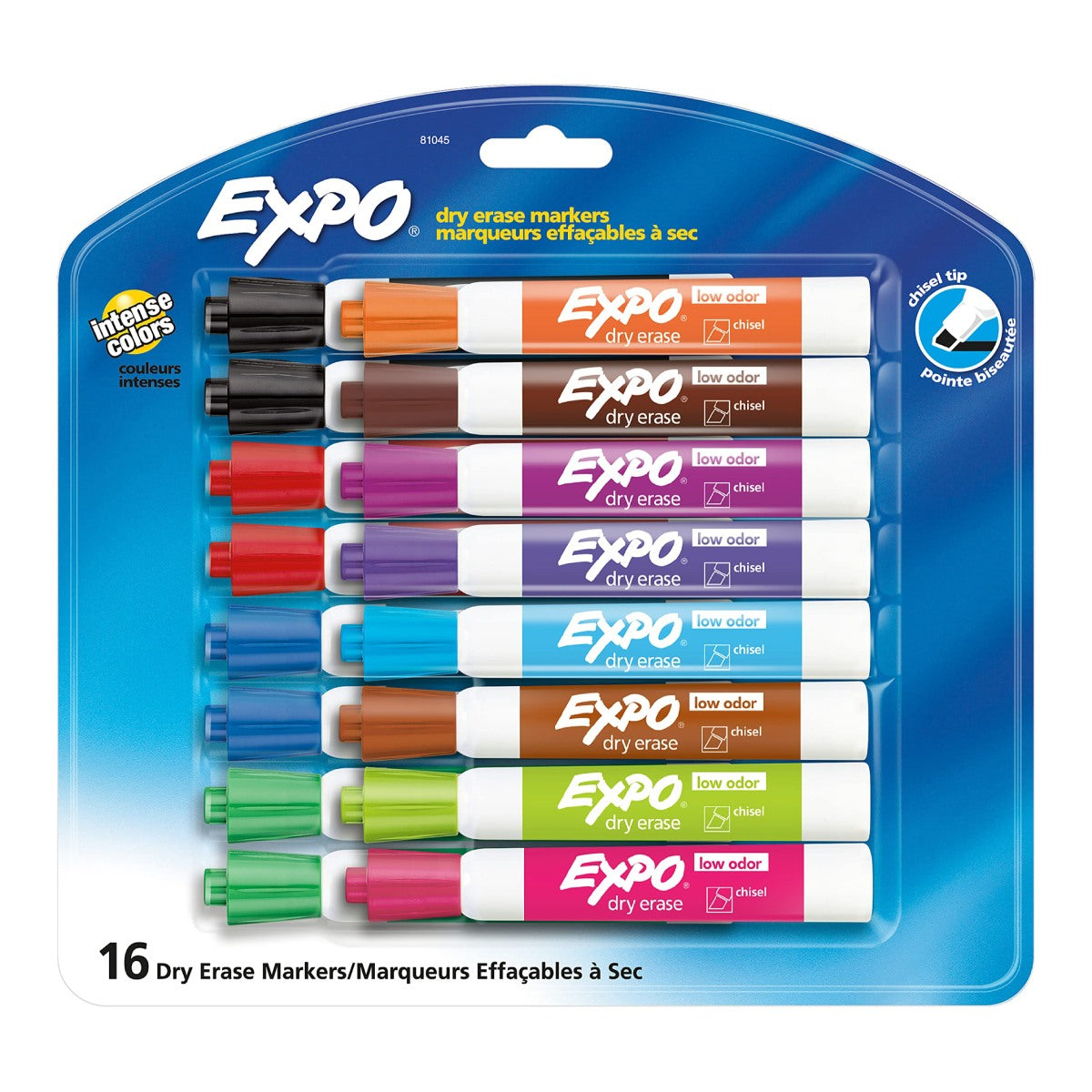 EXPO, Low Odor Dry Erase Markers, Chisel Tip, Set 16 Assorted Colors - 17250252