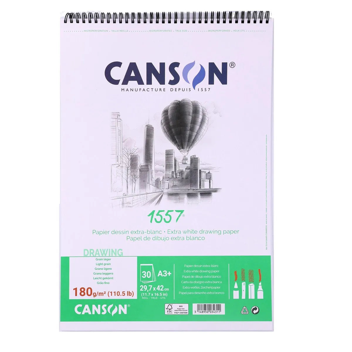 Canson 1557, 30 Sheet, A3+ (29.7x42 cm) ,180gsm, White Fine Paper - 07021624