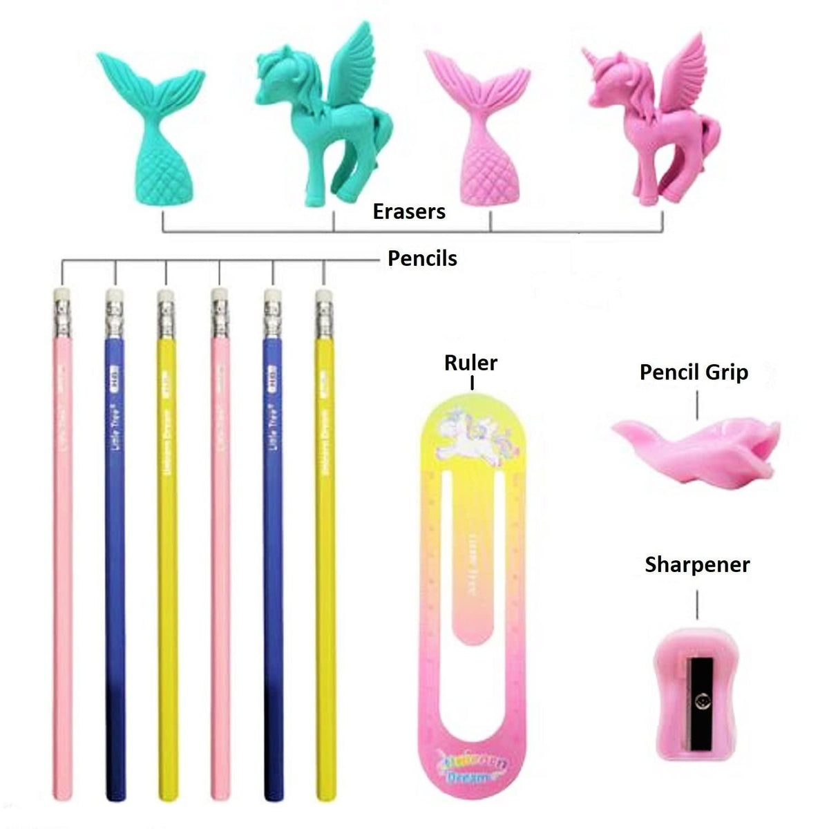 ليتل تري 13 في 1 قلم رصاص يونيكورن دريم اتش بي 6 قطع وممحاة مجموعة 3 قطع
