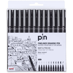 Uni Pin Fine Line Pens 12 Set, Black - 14050587