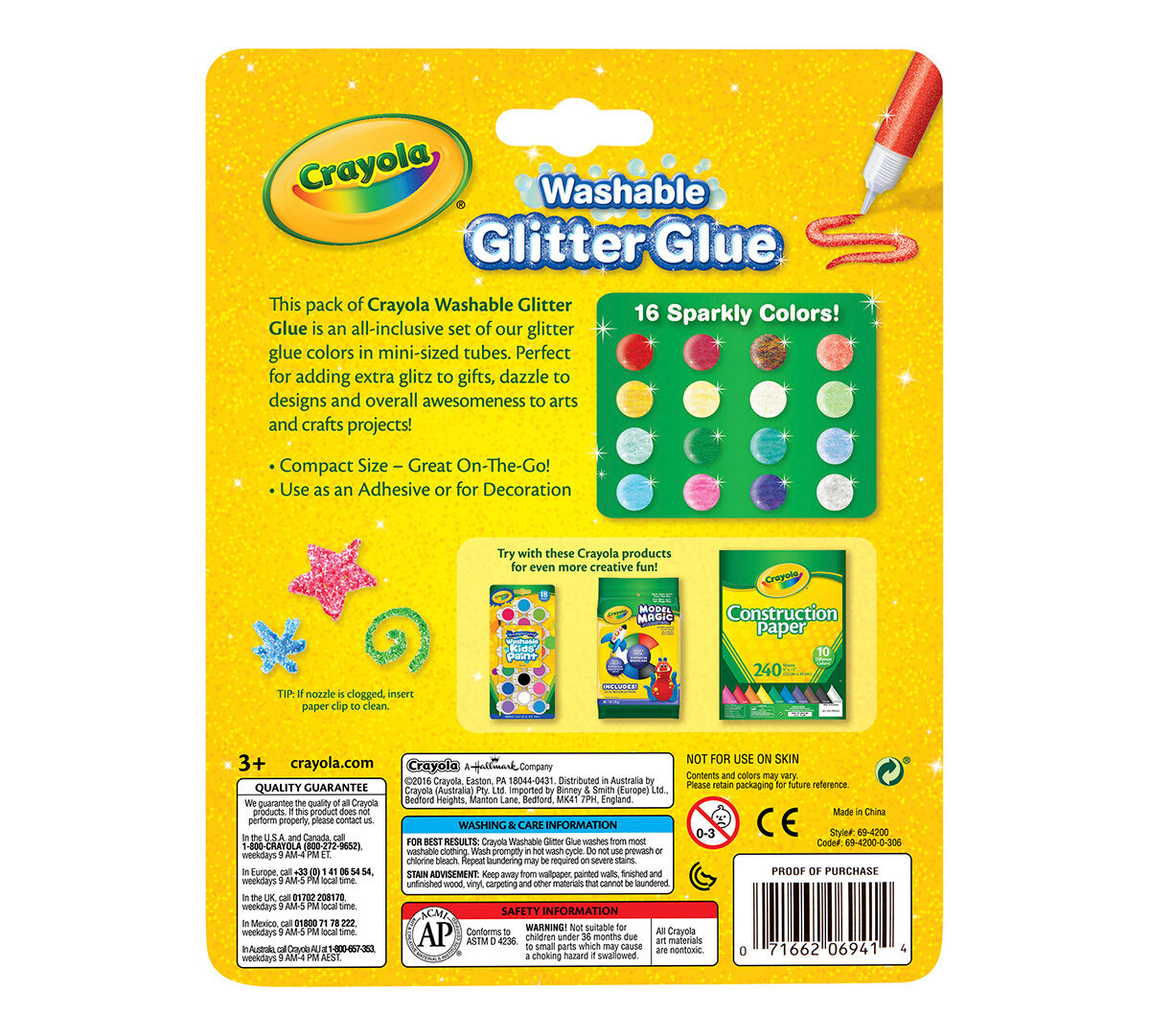 Crayola, Washable Glitter Glue, 16 sparkly glitter colors,  01330701