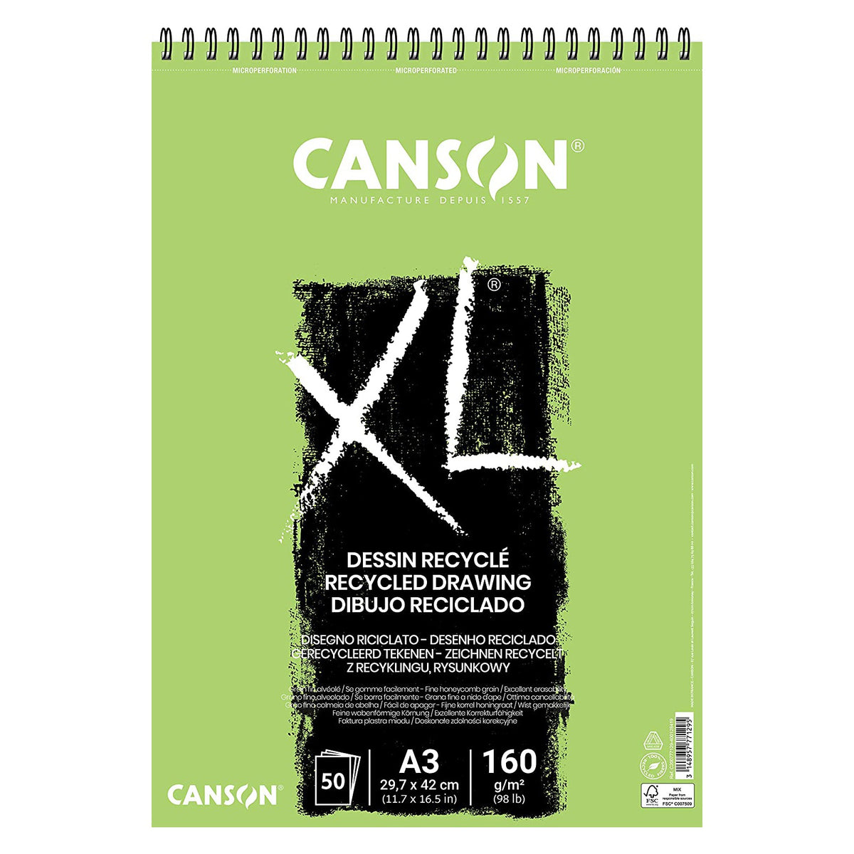 CANSON XL, Recycled Drawing 160gsm A3 Paper, Spiral Pad Short Side, 50 White Sheets - 07021629
