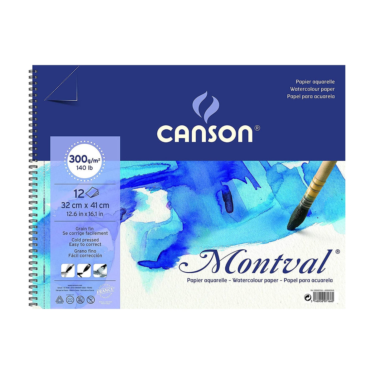 Canson Montval 300gm Watercolor Paper 32 X 41cm Wiro Bind 12 Sheets - 07020407