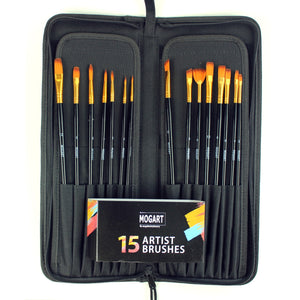 MOGART, Artist Brushes, Nylon, 15pc Assorted tip Size in a travel holder - 03190011