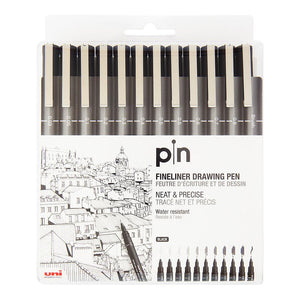 Uni Pin Fine Line Pens 12 Set, Black - 14050587