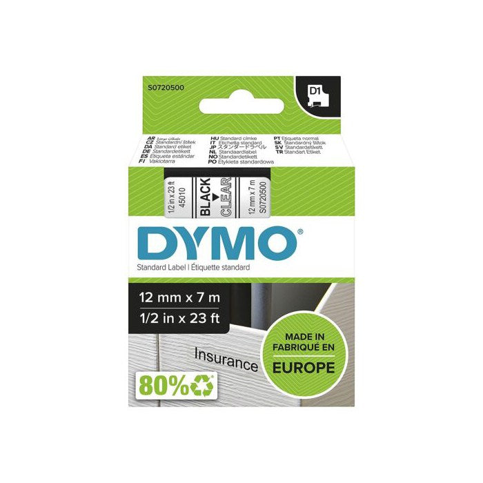 Dymo D1 Label Black on Clear 12mm x 7m  - 14120406